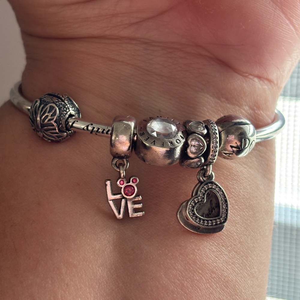 Pandora Silver Charm Bracelet with Heart and Love Charms
